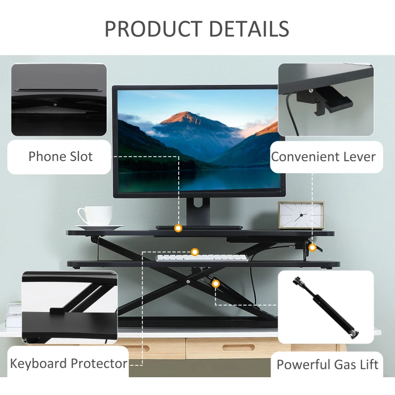 Vinsetto Standing Desk Converter, Height Adjustable Office Workstation, 85 x 71cm Sit-Stand Desk with Keyboard Tray for PC Computer, Laptop, Home, Office, Black