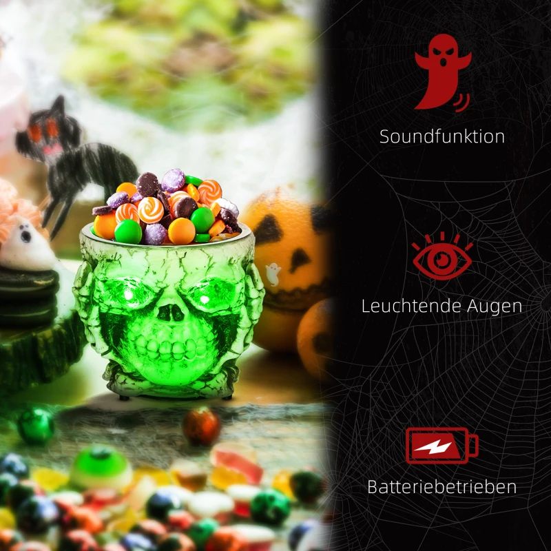 HOMCOM Halloweendekoration, Skelett-Süßigkeitenschale, leuchtende Augen, unheimliches Heulen, Grau/Schwarz(m-7)