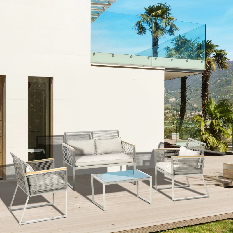 Outsunny Set da Giardino 4 Pezzi in Rattan PE con 2 Poltrone, Divanetto e Tavolino da Caffè in Vetro Temperato Grigio