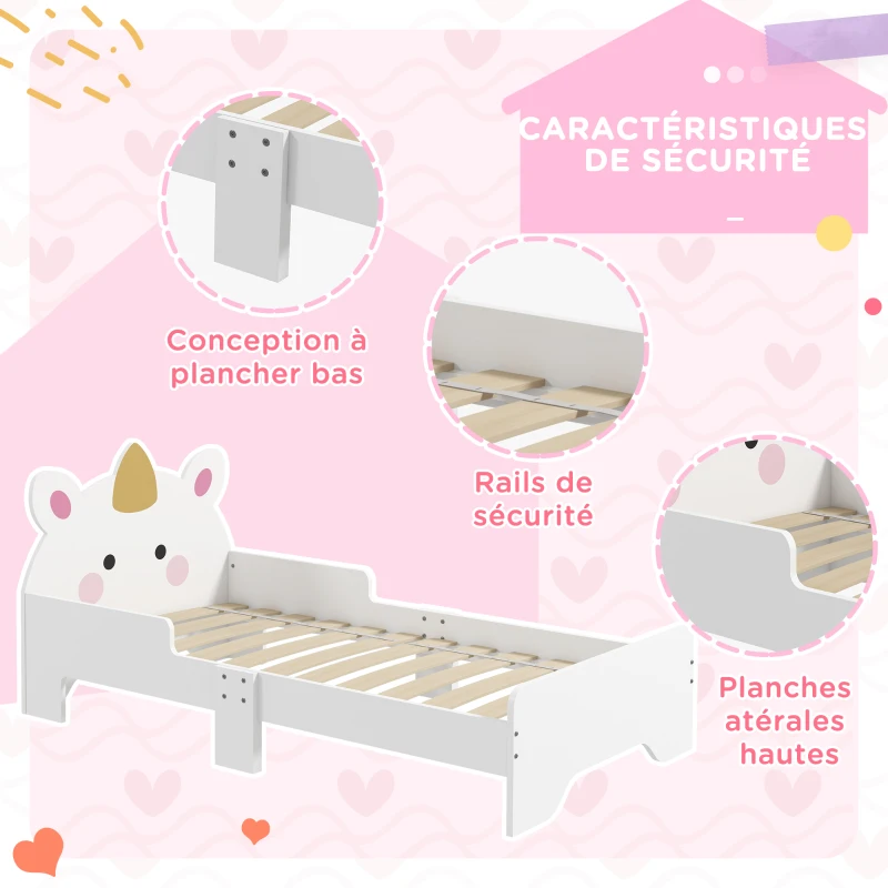 ZONEKIZ Lit enfant lit d'enfant design licorne 3 à 6 ans sommier à lattes inclus capacité de charge 80 kg 143 x 74 x 67 cm rose