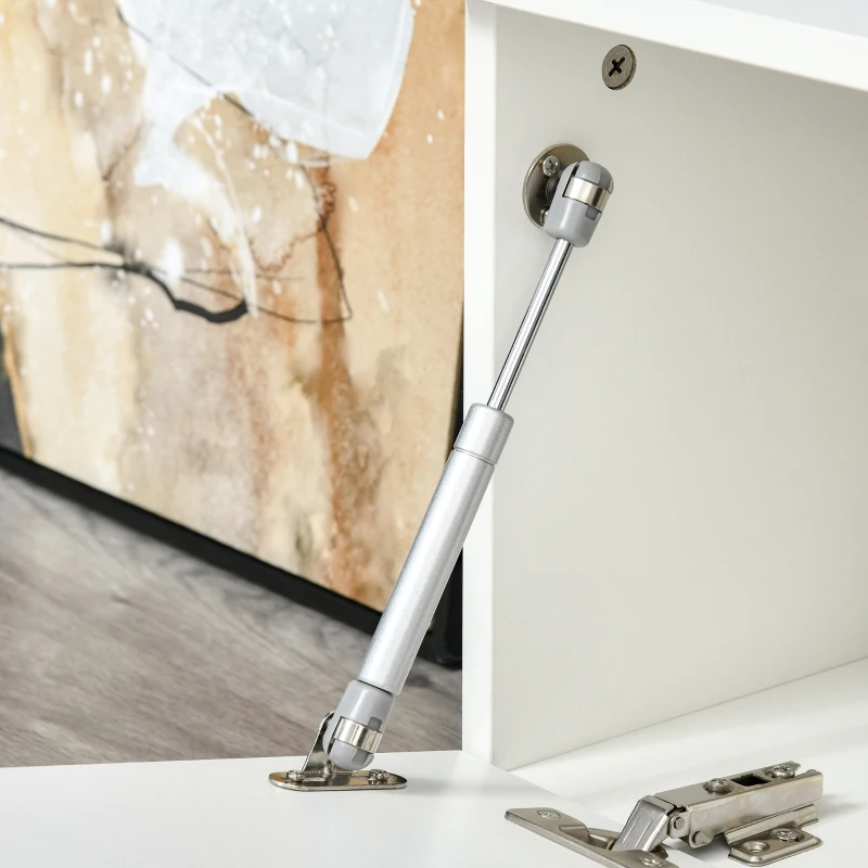 HOMCOM Meuble TV LED Style Contemporain - 2 placards Porte abattante, étagère Verre - Panneaux Particules MDF Blanc laqué