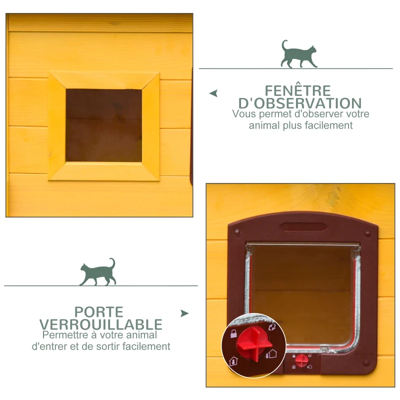 PawHut Maison pour chat en bois niche d'extérieur toit résistant à l'eau avec porte et fenêtre jaune