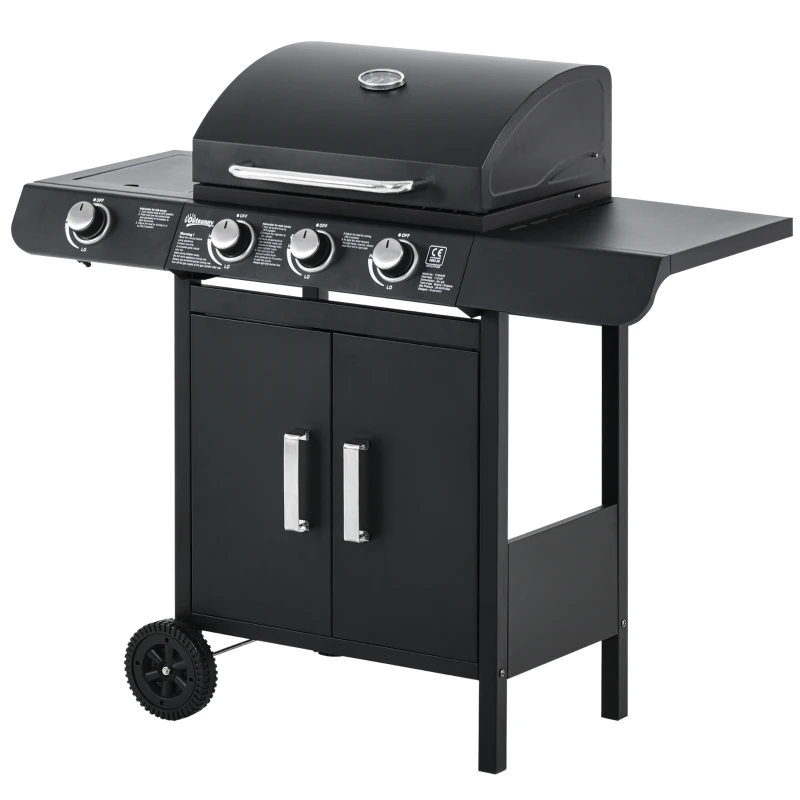 Outsunny Barbecue a Gas con Coperchio, 4 Bruciatori da 11.6kW, Fornello, Mensola e 2 Ruote, 110x50x100cm Nero