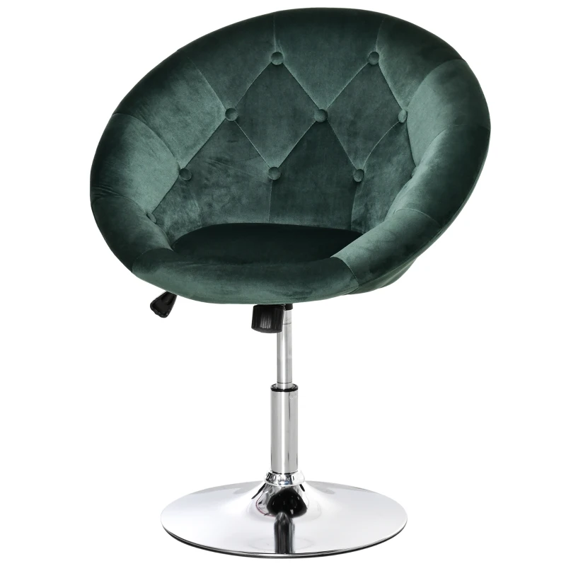HOMCOM Swivel Dressing Stool, Velvet-feel Upholstered Vanity Chair, Adjustable Height Tub Makeup Chair with Button Tufting and Thick Padding for Bedroom, Green