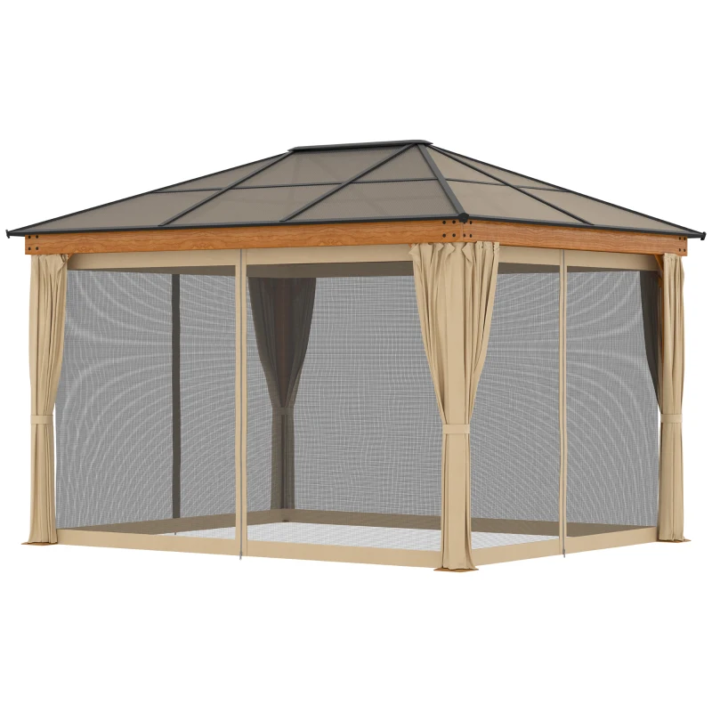 Outsunny Pavillon, Dach aus Polycarbonat, 4 Seitenwände und Fliegennetze, Stahlrahmen, khaki, 3 x 3,60 x 2,70 m