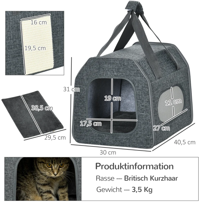 PawHut Transporttasche für Katzen, faltbar, mit Liegekissen, Netzfenster, Kratzmatte, grau, 40,5 x 30 x 31 cm