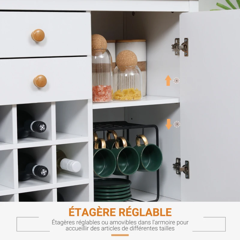 HOMCOM Buffet meuble de rangement avec 2 tiroirs, 2 portes étagères réglables et porte-bouteilles pour 9 bouteilles - dim. 110I x 35P x 75H cm