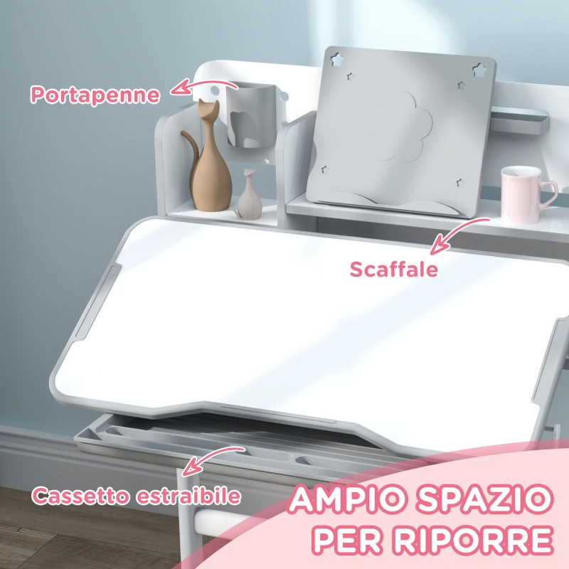 AIYAPLAY Set Scrivania e Sedia per Bambini Regolabili, Banco Scuola con Piano Inclinabile, Cassetto, Scaffale, Grigio
