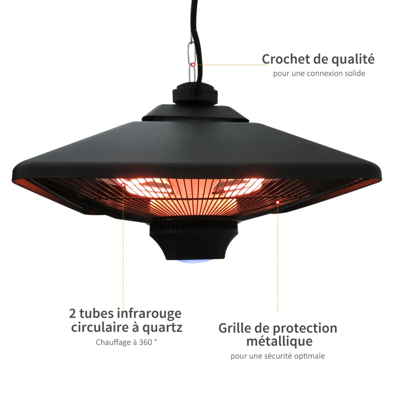 Outsunny Chauffage radiant suspendu IP24 et 20 m² chauffage d'appoint sans CO₂ dim. 43L x 43l x 25H cm 2 tubes 1000/2000 W extérieur intérieur télécommande éclairage LED intégré noir