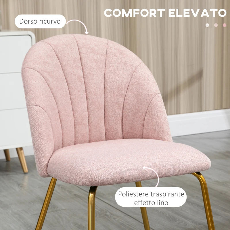 HOMCOM Set di 2 Sedie da Pranzo in Tessuto effetto Lino con Gambe in Acciaio, 55.5x59x81 cm, Rosa e Oro