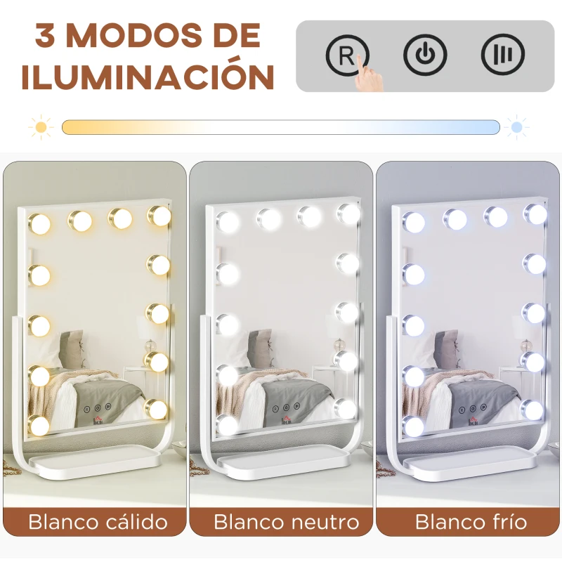 HOMCOM Espejo de Maquillaje con Luz Espejo Hollywood de Mesa con 12 LED 3 Modos y Luz Ajustable Pantalla Táctil y Función de Memoria para Dormitorio Baño 32,8x11x47,4 cm Blanco