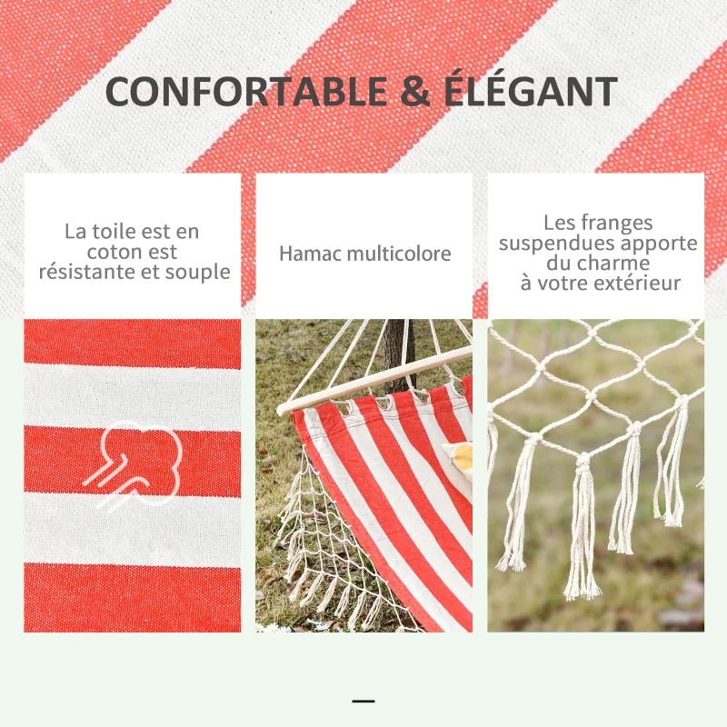 Outsunny Hamac de Voyage Portable Style Hippie Chic Toile de hamac dim. 2L x 1l m Coton Polyester Rouge crème rayé