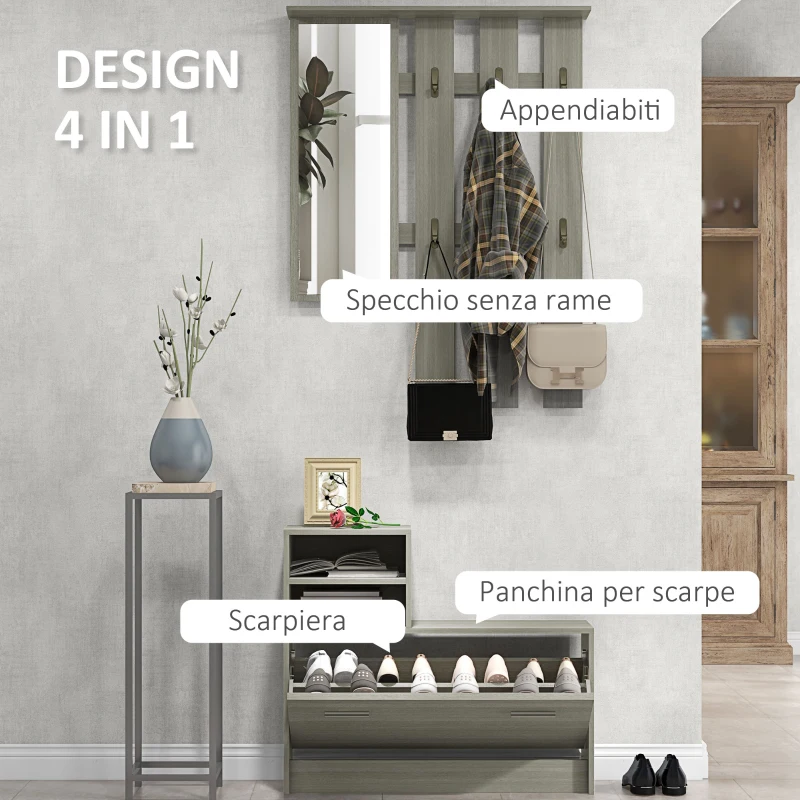 HOMCOM Set Mobili da Ingresso con Appendiabiti, Specchio, Panca con Scaffale e Scarpiera per 8 Paia di Scarpe, Grigio
