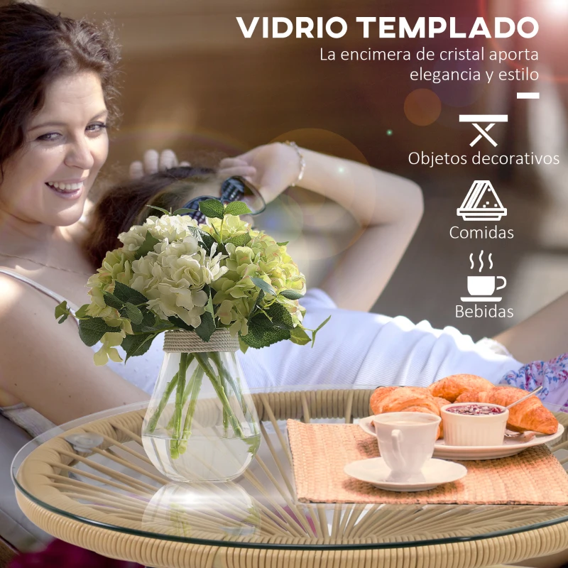 Outsunny Mesa Auxiliar de Ratán Sintético Redonda para Exteriores con Encimera de Vidrio Templado Ø50x50 cm Beige