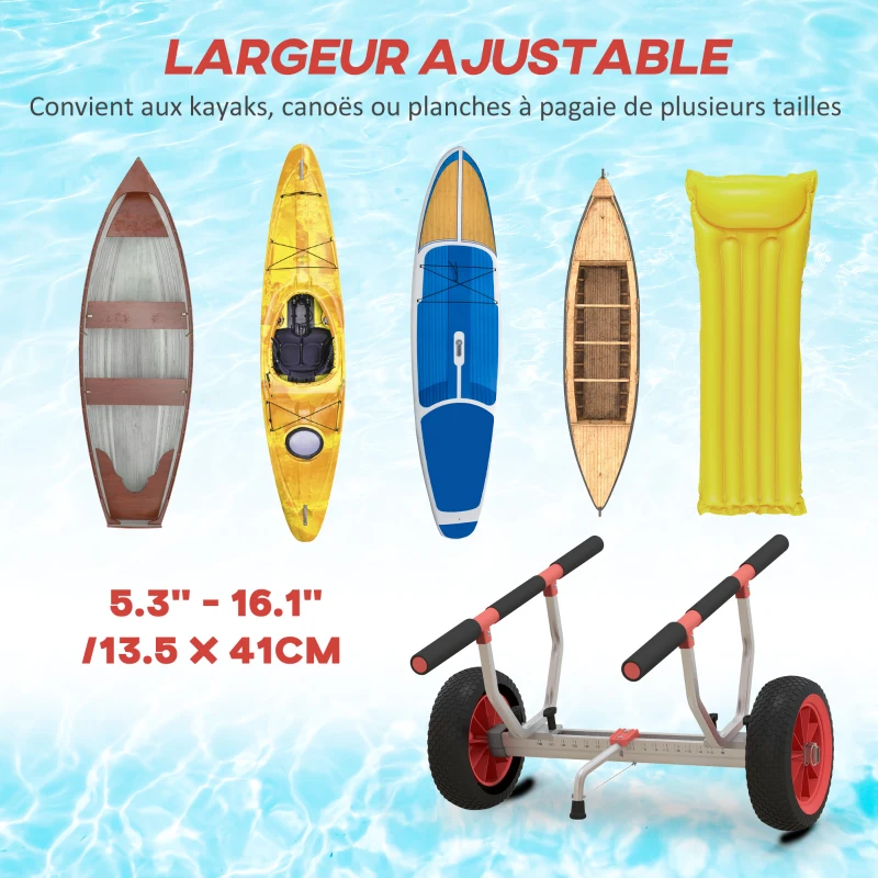 SPORTNOW Chariot de transport pour kayak stand-up paddle canoë avec largeur réglable grandes roues cadre en aluminium noir rouge
