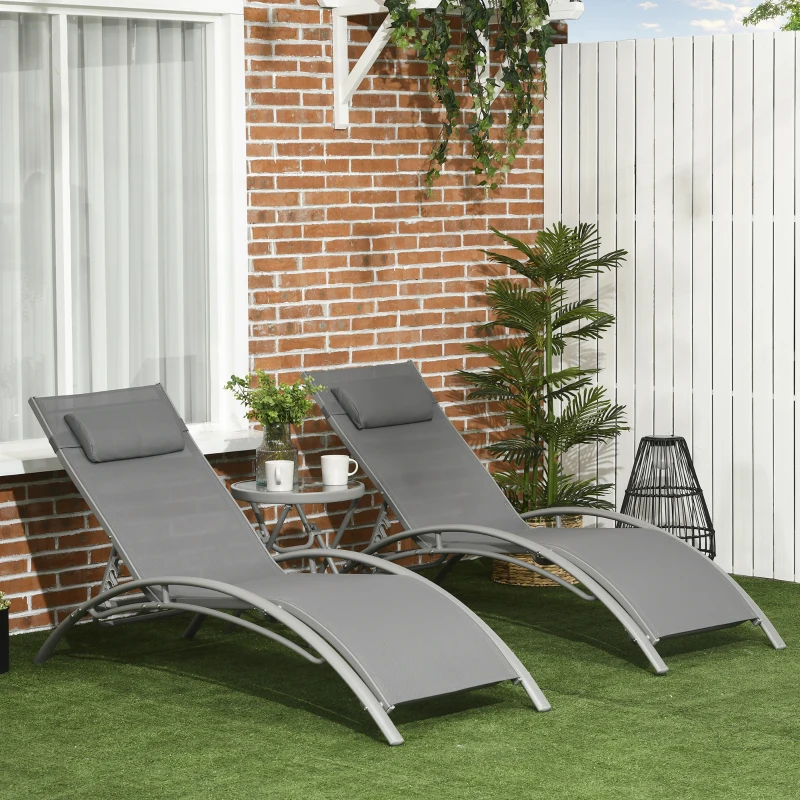 Outsunny Set 2 Lettini Prendisole Reclinabili su 4 Livelli e Tavolino Pieghevole, Grigio