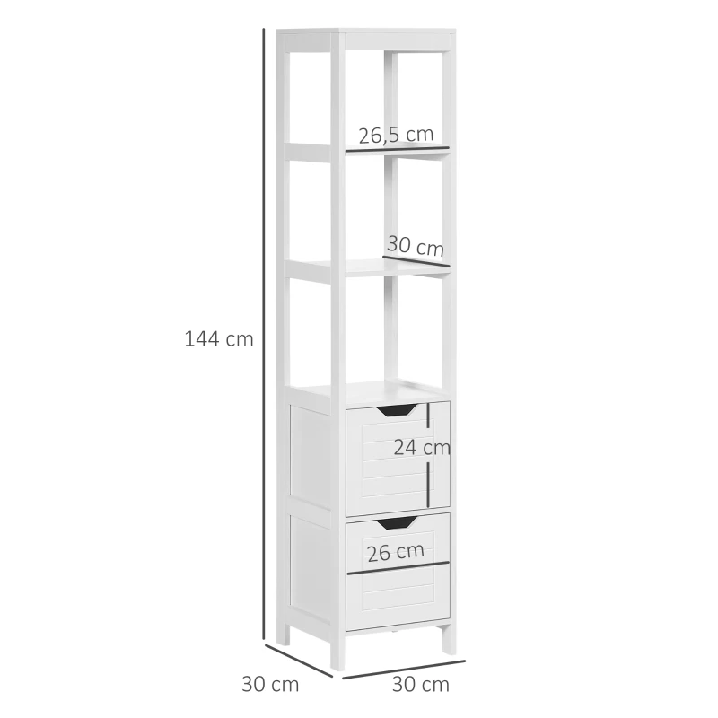 kleankin Mueble Columna con 3 Estantes Abiertos y 2 Cajones de Almacenaje Diseño Antivuelco 30x30x144 cm Blanco