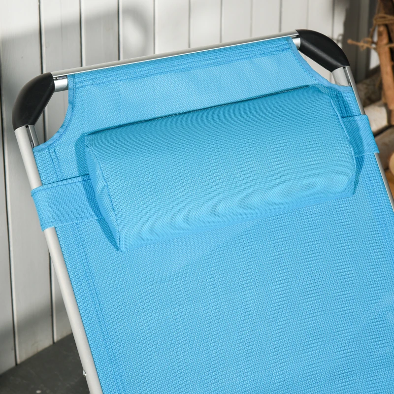 Outsunny Foldable Outdoor Sun Loungers Set of 2, Reclining Lounge Chair Camping Bed Cot with Pillow 4-Level Adjustable Back Aluminium Frame, Blue