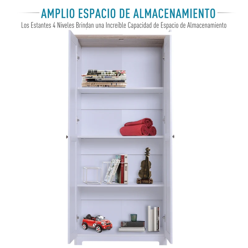 HOMCOM Armario Mueble Almacenaje Organizador Madera para Dormitorio Salón 2 Puertas 4 Estantes Multiusos 80x48x172cm Blanco