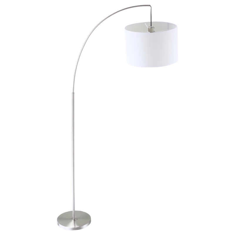 HOMCOM Lampadaire arc lampadaire arceau courbé design contemporain abat-jour polyester interrupteur à pied pour salon chambre et bureau 90 x 38 x 183 cm blanc et argent