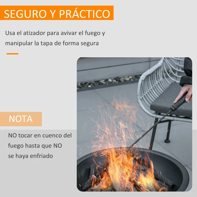 Outsunny Brasero Exterior de Metal Ø56 cm Cuenco de Fuego de Jardín con Tapa Protectora contra Chispas y Atizador para Hogueras Leñas Terraza Camping Fiestas Negro