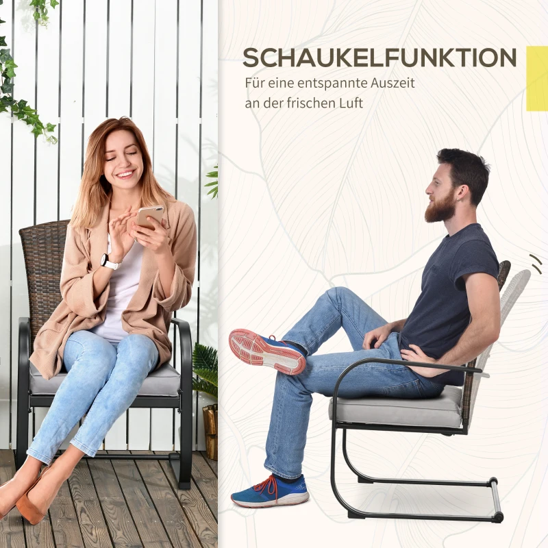 Outsunny Rattan Gartenmöbel-Set für 2 Personen inkl. Couchtisch und 2 Schaukelstühle, mit Kissen, Stahl, Braun