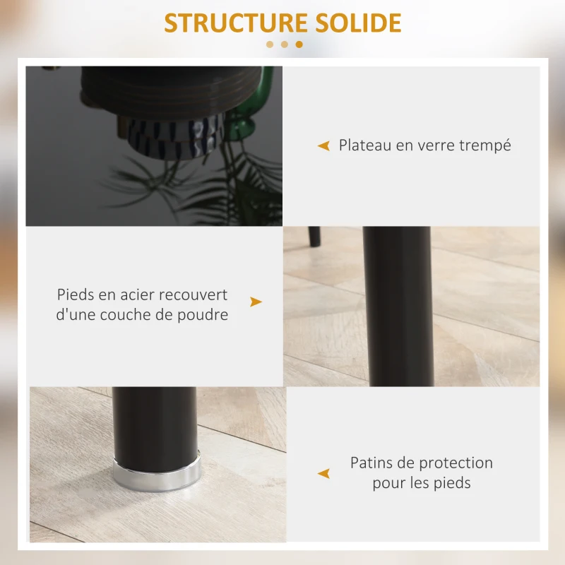 HOMCOM Ensemble de table à manger avec 4 chaises plateau en verre trempé, pieds en acier, pour cuisine salon noir