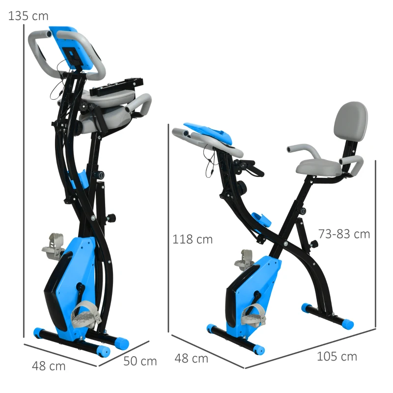 HOMCOM Heimtrainer X-Bike 2-in-1 Fahrradtrainer mit LCD-Display,Pulsmesser, klappbarer Hometrainer Trimmrad mit 8 stufig Magnetwiderstand, 1 Paar Spannseil, Stahl Blau 105x48x118 cm