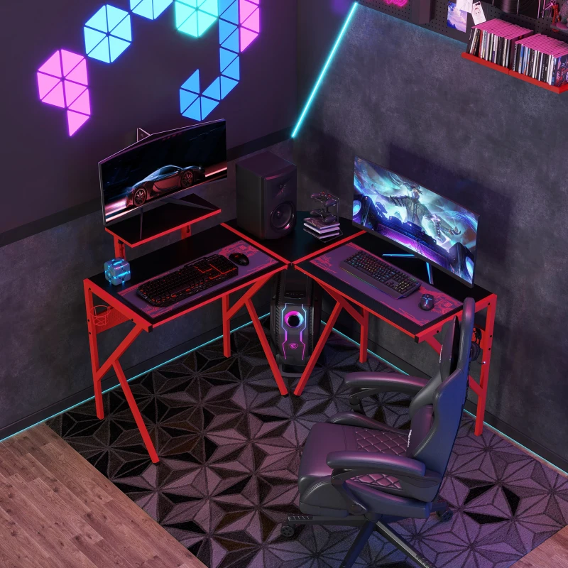 HOMCOM Scrivania Gaming Angolare per Ufficio o Camera, Scrivania per Computer con Portapc ad Angolo in Metallo, 125x125x75cm, Nero e Rosso