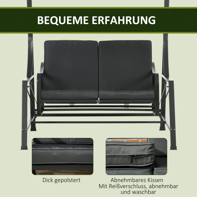 Outsunny Hollywoodschaukel, neigbares Dach, Sitz- und Rückenkissen, Stahlrahmen, dunkelgrau, 148 x 129 x 172 cm