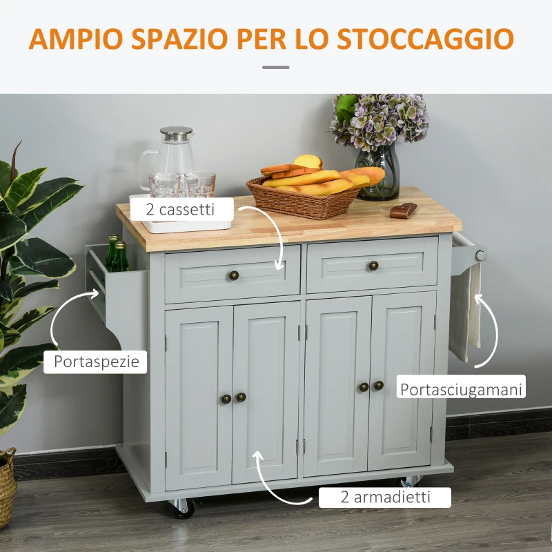 HOMCOM Carrello da Cucina con 2 Cassetti e 2 Armadietti, Piano in Legno, Portaspezie e Porta Canovacci, Grigio