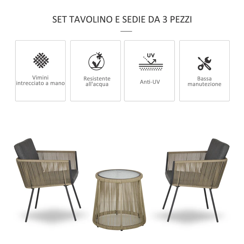 Outsunny Set 2 Poltroncine con Tavolino da Esterno in Rattan PE Stile Boho, Cachi e Grigio