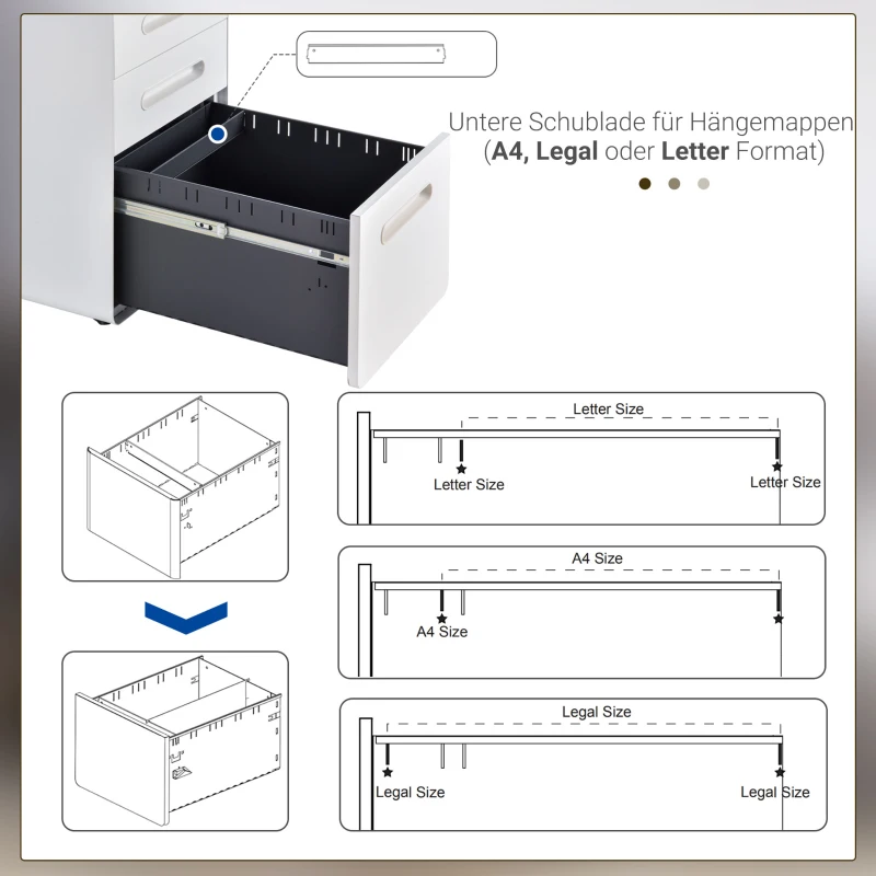 Vinsetto Rollcontainer mit 3 Schubladen mobiler Aktenschrank mit Rollen abschließbar Büroschrank mit Hängeregistratur Stiftfach, Bürocontainer Schreibtisch Unterschrank für Büro 39x48x59cm Weiß