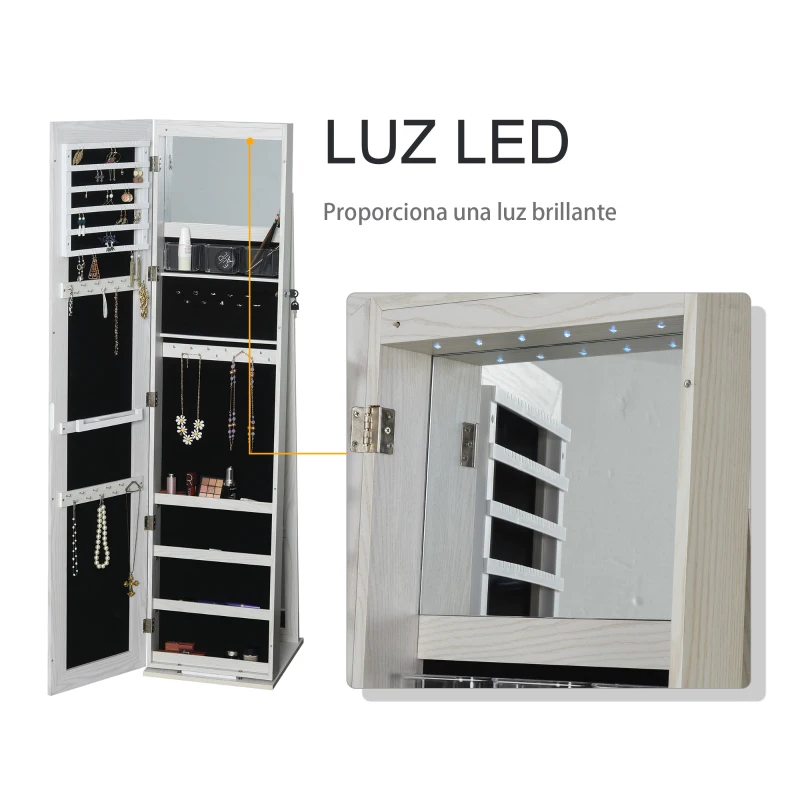 HOMCOM Espejo Joyero de Pie Armario Joyero con Luces LED y Cerradura Armario de Joyas con Espejo Integrada para Dormitorio Blanco con Veta de Madera