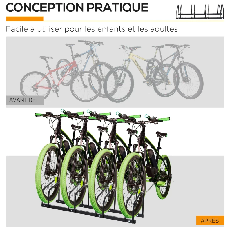 HOMCOM Râtelier 4 vélos range-vélos support de rangement pneu 65 mm sol ou mural pour VTT enfants BMX 110 x 33 x 27 cm acier noir