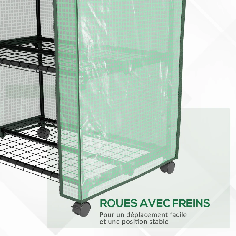 Outsunny Mini serre de jardin avec 3 étagères, bâche PE haute densité, porte enroulable, 4 roulettes, dim. 69L x 49l x 130H cm