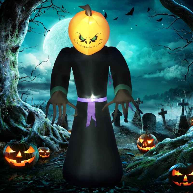 HOMCOM 210 cm Aufblasbar Kürbisgeist, Halloween Horror Deko mit LED Beleuchtung, Halloween-Dekoration, Wasserdichte Luftfigur, Polyester, für Indoor, Outdoor