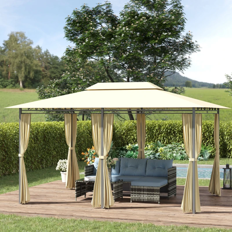 Outsunny Tonnelle Barnum pavillon de Jardin Style Colonial Double Toit Toiles latérales Amovibles 3L x 4l x 2,8H m crème