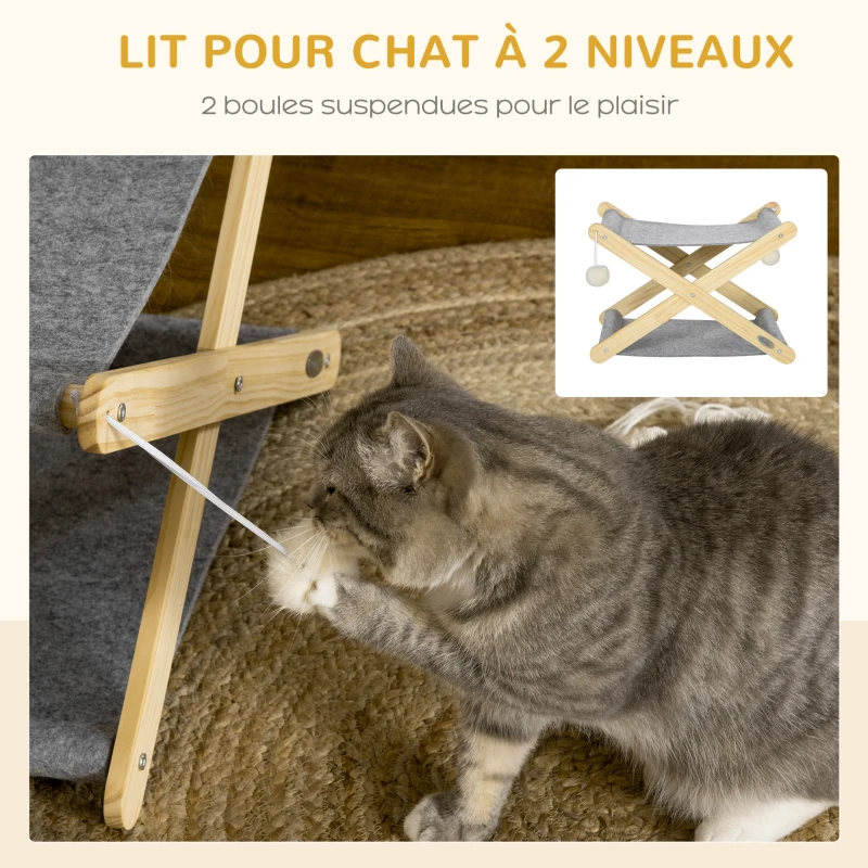 PawHut Lit pliable pour chats hamac 2 niveaux en bois et feutrine avec jeu boules suspendues - dim. 52L x 42l x 33,5H cm