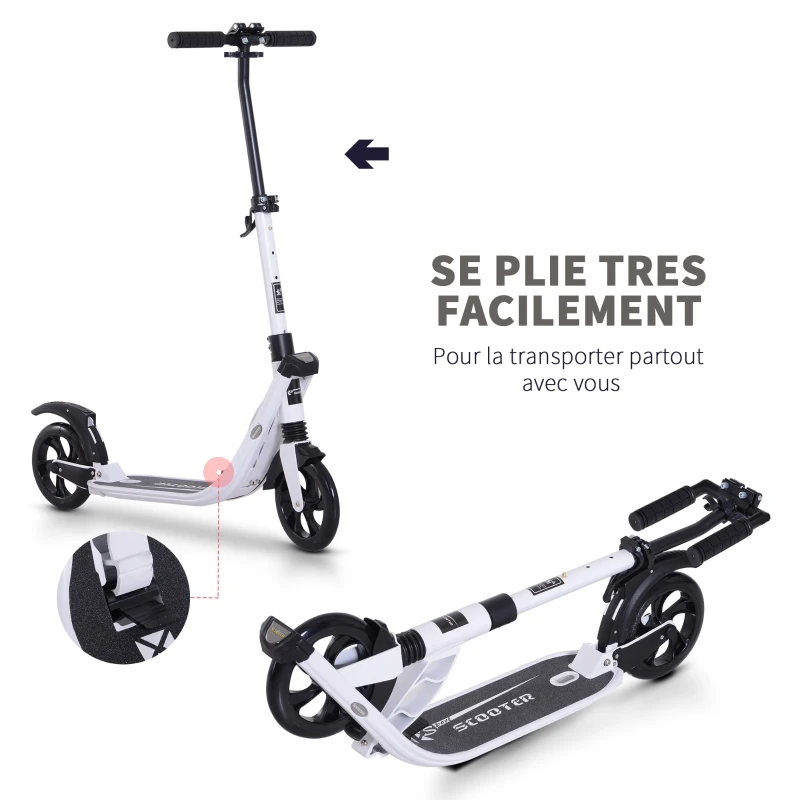 HOMCOM Trottinette pliable pour adultes enfants dolescents à partir 14 ans hauteur guidon réglable double système d'absorption des chocs roues PU alu dim. 94 x 38 x 95-105 cm blanc
