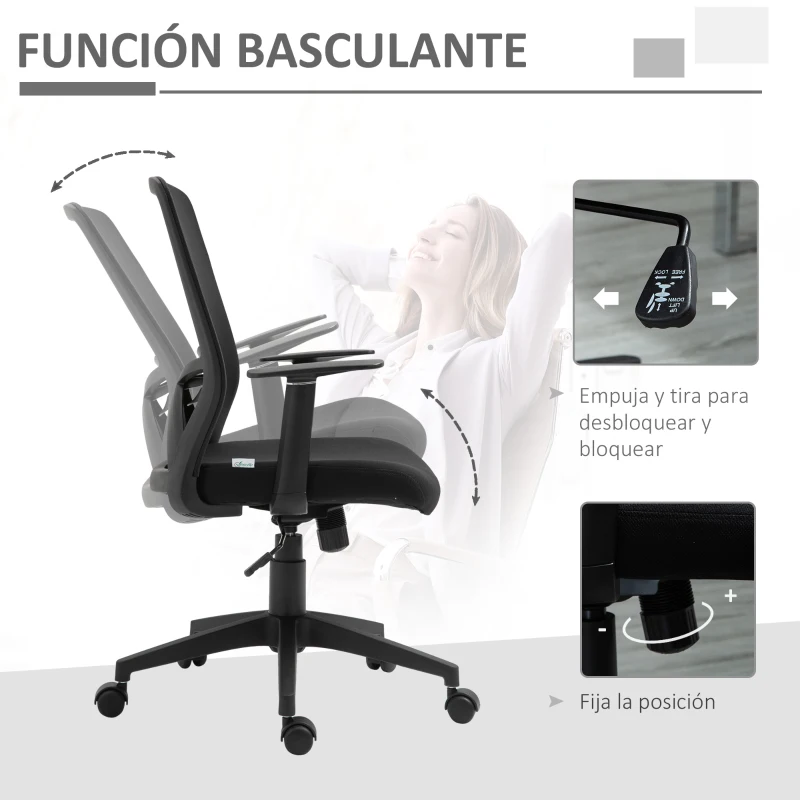 Vinsetto Silla de Oficina Altura Ajustable Reposabrazos Soporte Lumbar Respaldo Transpirable y Basculante 62x56x95-103 cm Negro