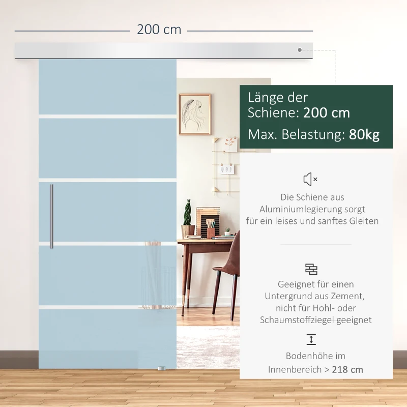 HOMCOM Schiebetür Komplettset Zimmertür 102,5 x 205 cm Wandmontage Schiebetürsystem mit Laufschiene Innentüren Komplett-Set für Schiebetüren Trennwände, Milchglas Streifen