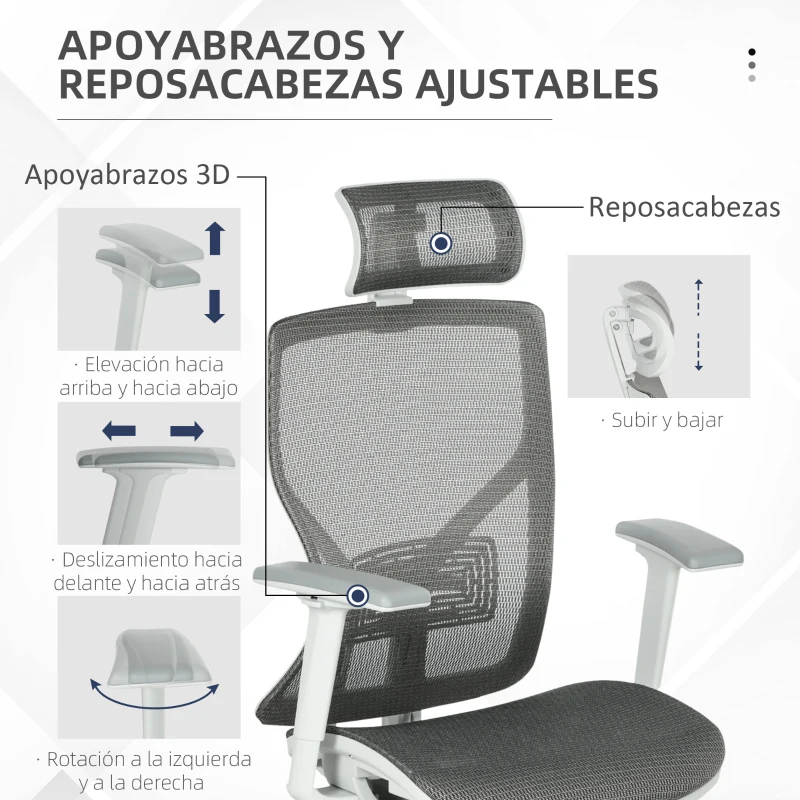 Vinsetto Silla de Oficina Giratoria Silla de Escritorio Ajustable en Altura con Reposabrazos Reposacabezas 67x65x120-128 cm Gris