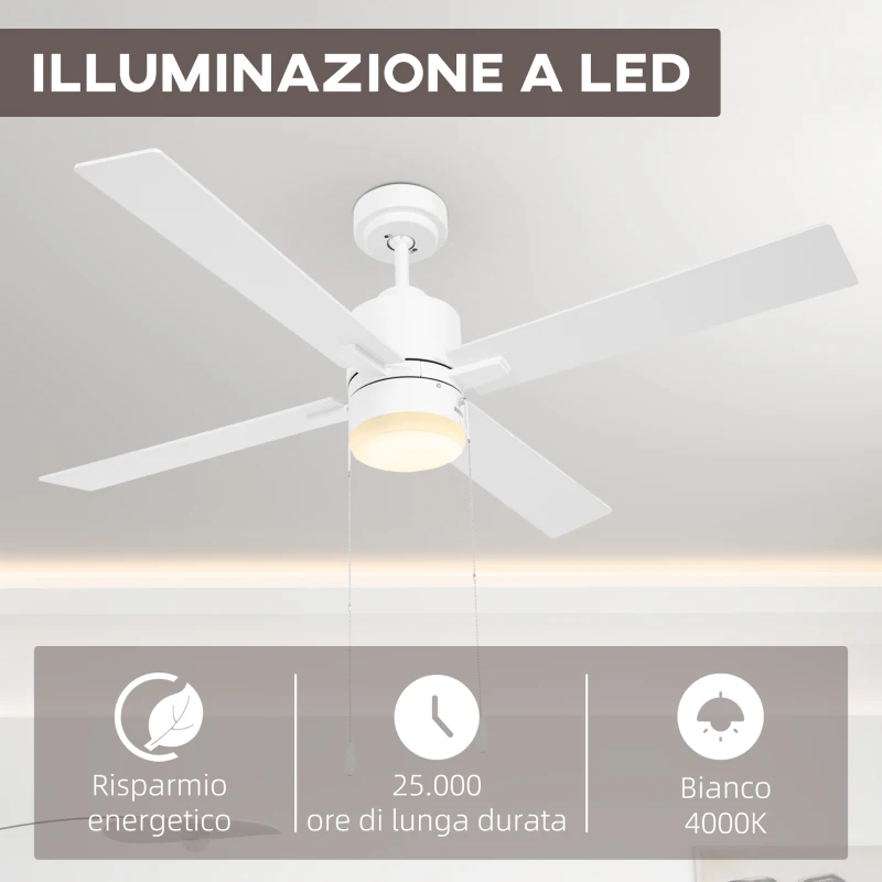 HOMCOM Ventilatore da Soffitto con Luce LED, 3 Velocità e Motore Reversibile, Ø130cm, Bianco e Legno