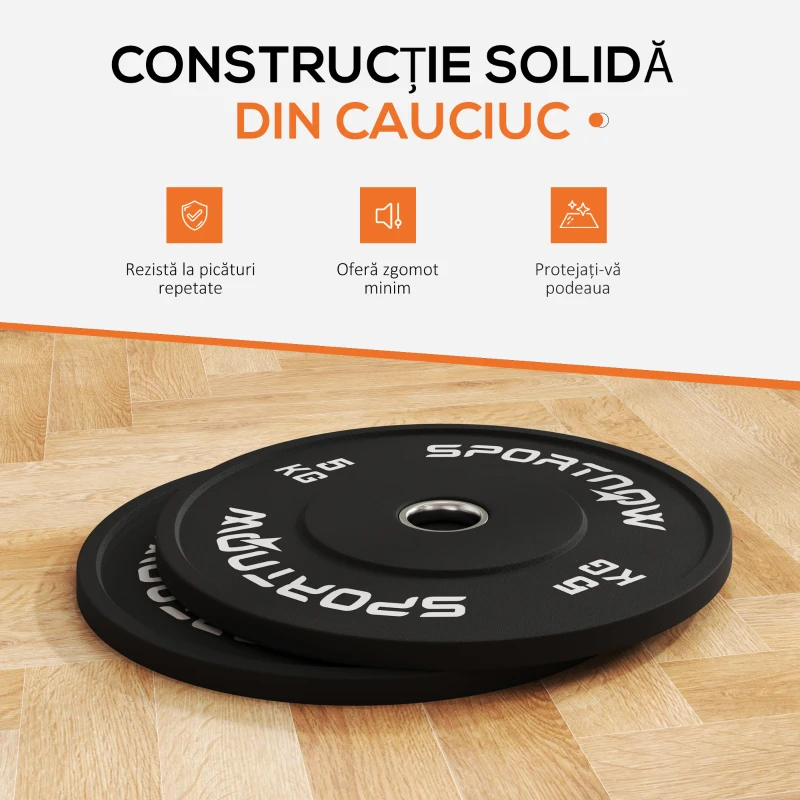 SPORTNOW Set 2 Discuri Greutăți 2x5 kg din Cauciuc cu Orificiu de 5 cm pentru Gantere și Grijuri, Ø45x2 cm, Negru