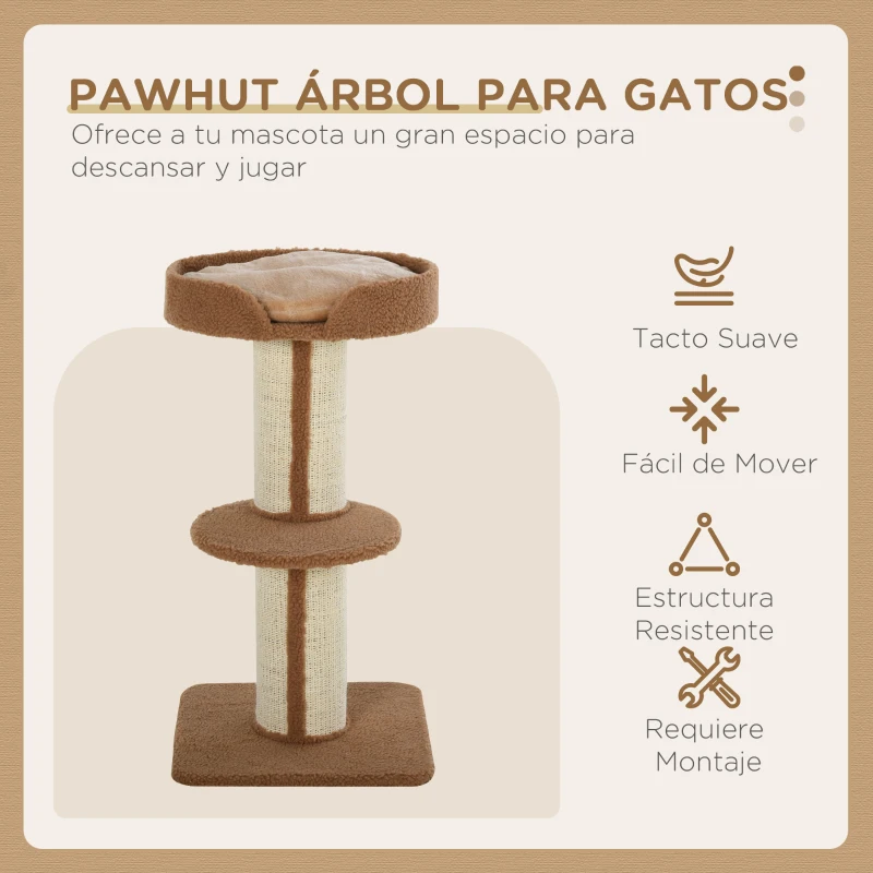 PawHut Árbol para Gatos Altura 91 cm de 3 Niveles con Nido Plataforma y Poste de Sisal 45x45x91 cm Marrón Claro