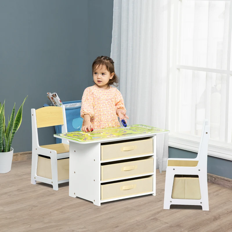 HOMCOM Juego de Mesa y Sillas Infantil de Madera 3 en 1 con 5 Cajones Tejidos de Almacenaje Mesa de Actividades para Bloques de Construcción y con Mapa de Ruta Color Natural