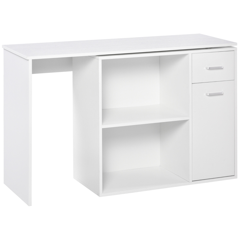 HOMCOM Eckschreibtisch Arbeitstisch Winkelschreibtisch PC-Tisch Computertisch Bürotisch 180-Grad-Design mit Regal und Schublade L-Form drehbar platzsparend Spanplatte Weiß 117x 82x74 cm
