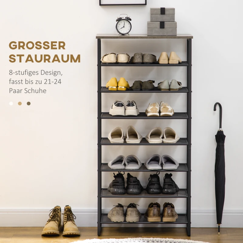 HOMCOM Schuhregal in Industriedesign, mit 7 Regalen, für bis zu 24 Paar Schuhe, Standregal, Grau + Schwarz