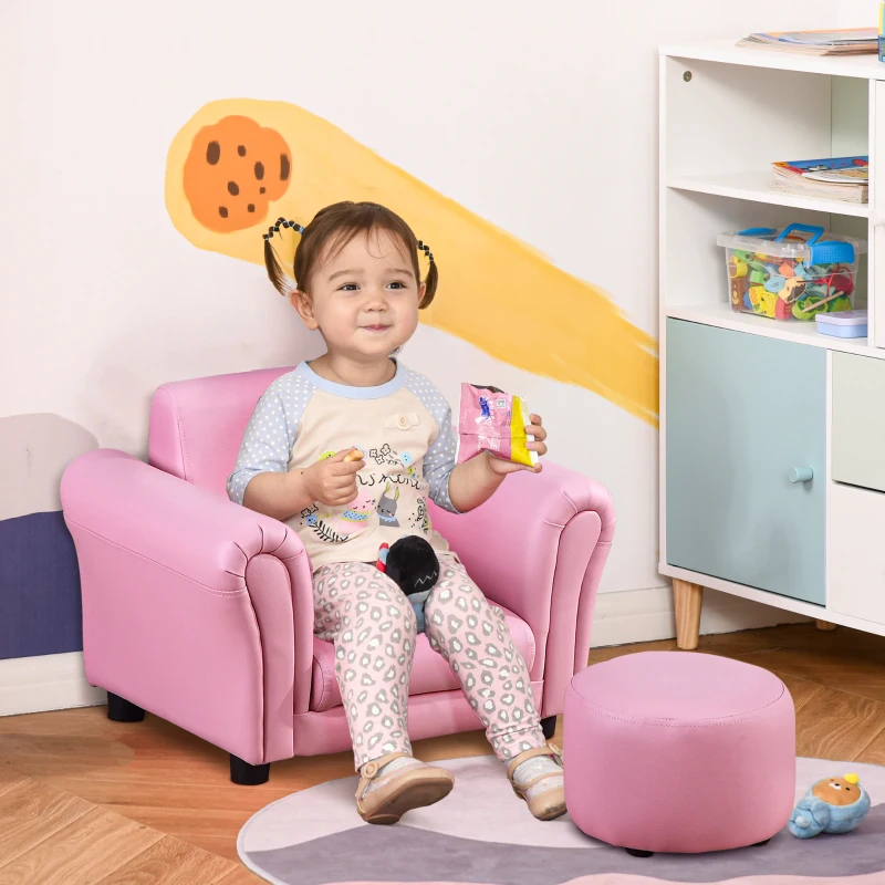 HOMCOM Kindersessel mit Fußhocker Kindercouch Kindersofa Minisofa für 1,5-3 Jahre Kinder Kindermöbel Holz Rosa 54 x 42 x 41 cm
